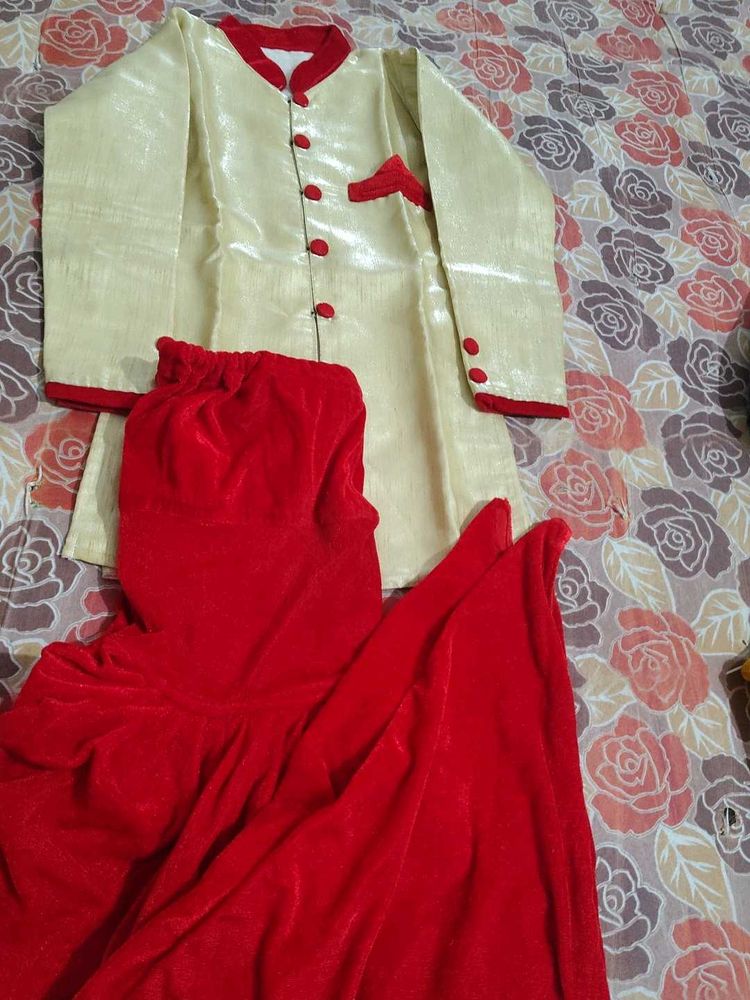 kids Beige &amp; Red dhoti Kurta Set