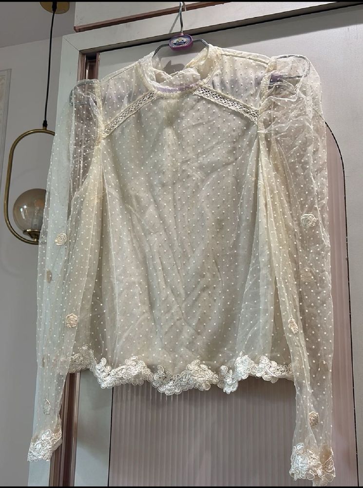 Sheer Polka Dot Blouse with Lace Trim