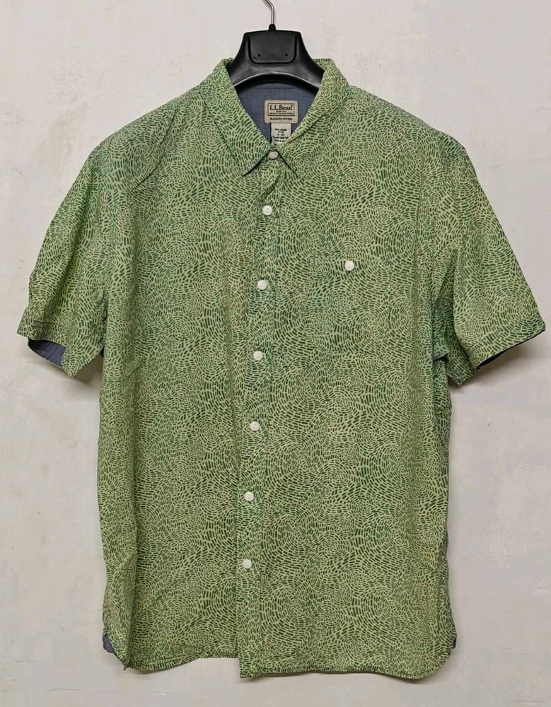LLBean Men's Green Print Short Sleeve Shirt