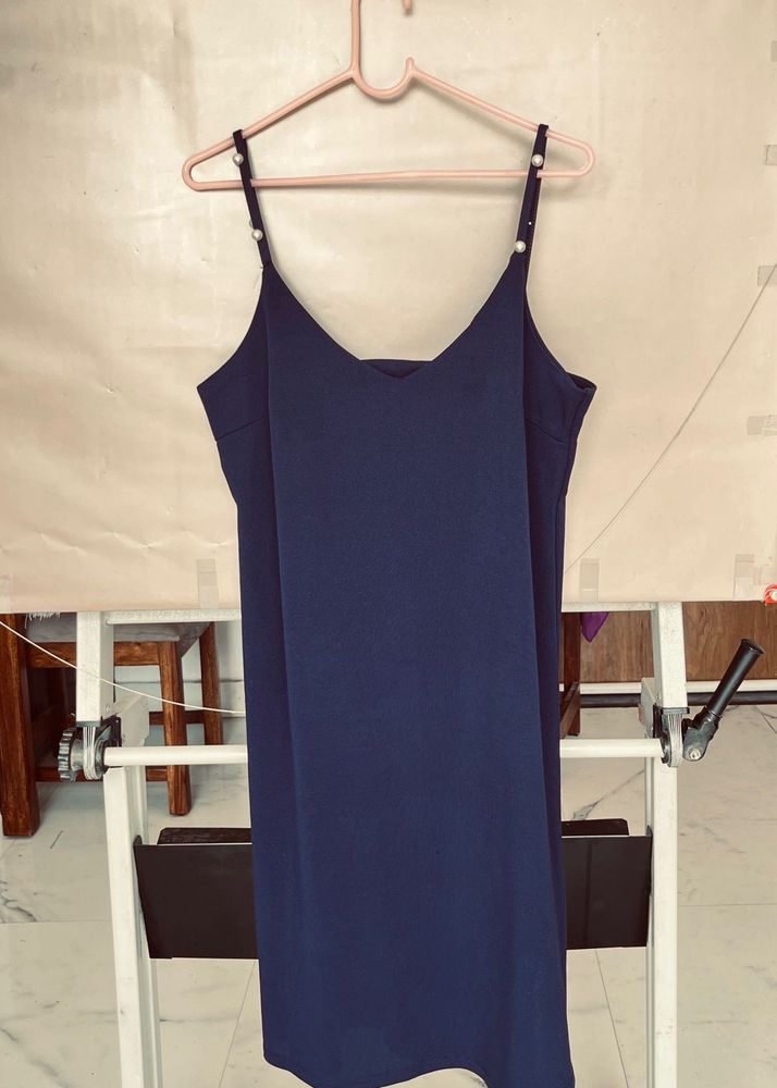 Navy Blue Slip Dress with Pearl Straps