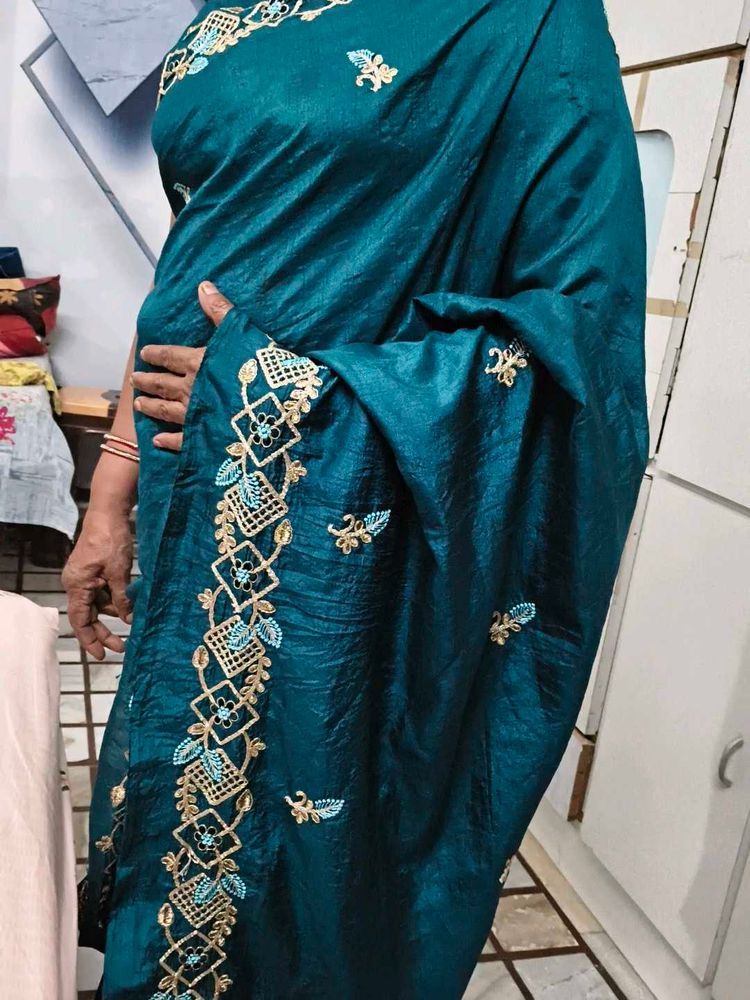 Elegant Teal Embroidered Saree