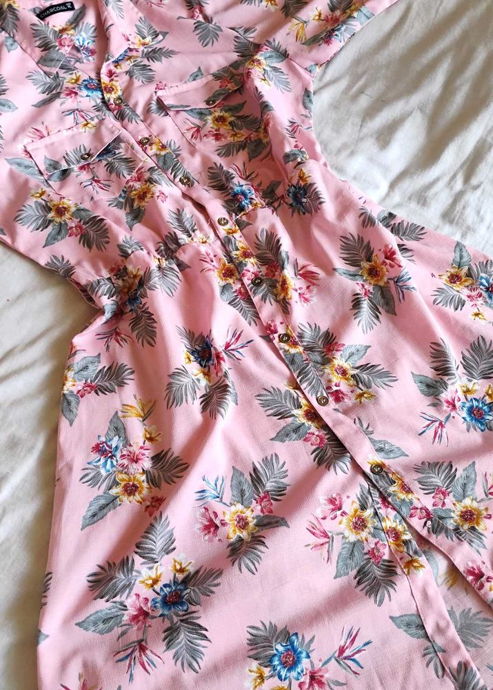 Pink Floral Button-Down Dress