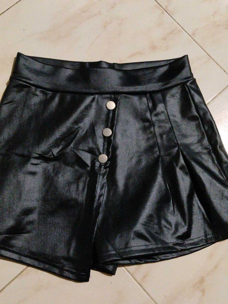 Black Faux Leather Button Skort