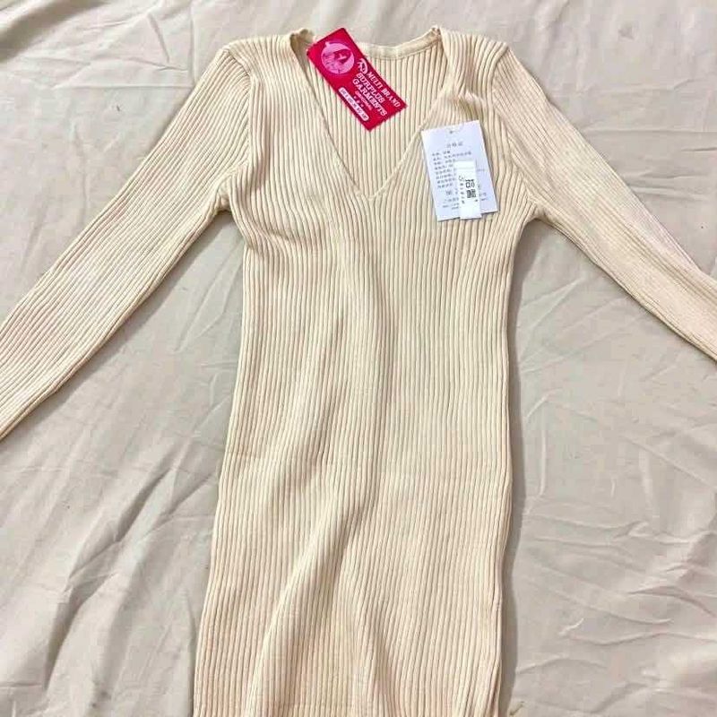 Cream Ribbed V-Neck Sweater Dress
