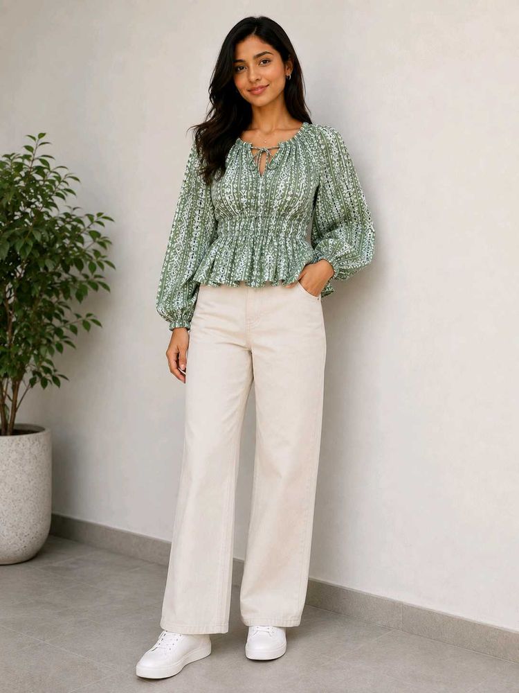 Green Floral Smocked Peplum Top