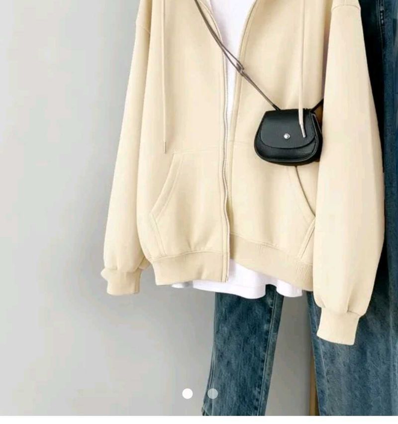Cream Zip-Up Hoodie with Pocket Detail