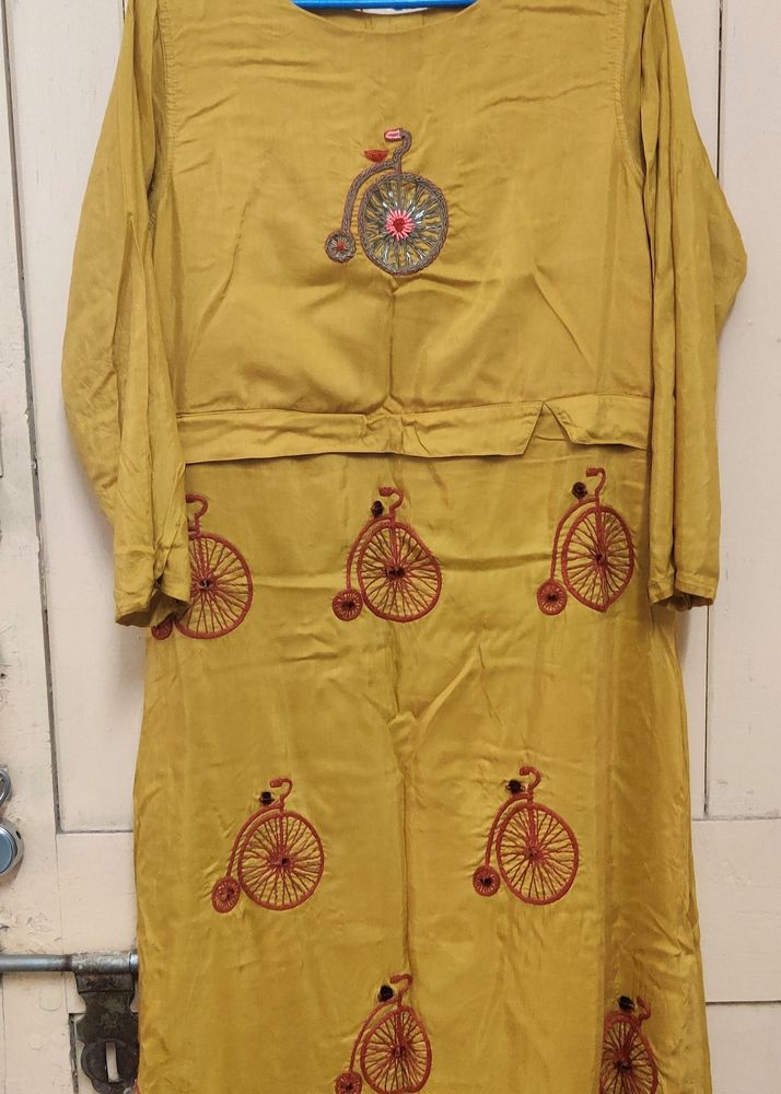 Mustard Yellow Vintage Bicycle Embroidered Dress
