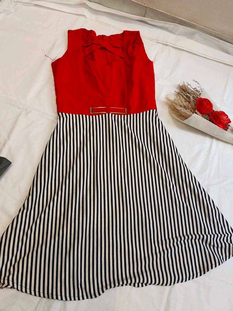 Chic Red &amp; Black Striped Midi Dress for girls