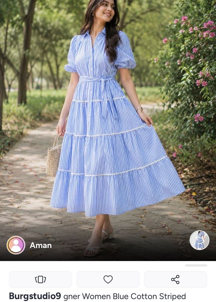 Blue Striped Tiered Midi Dress
