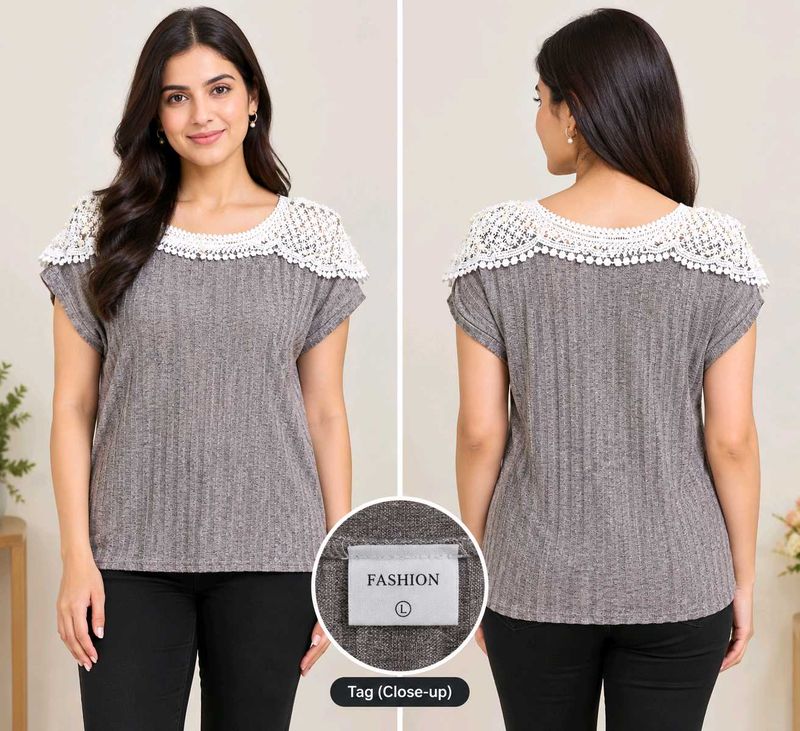 Women's Grey Lace Trim Top
