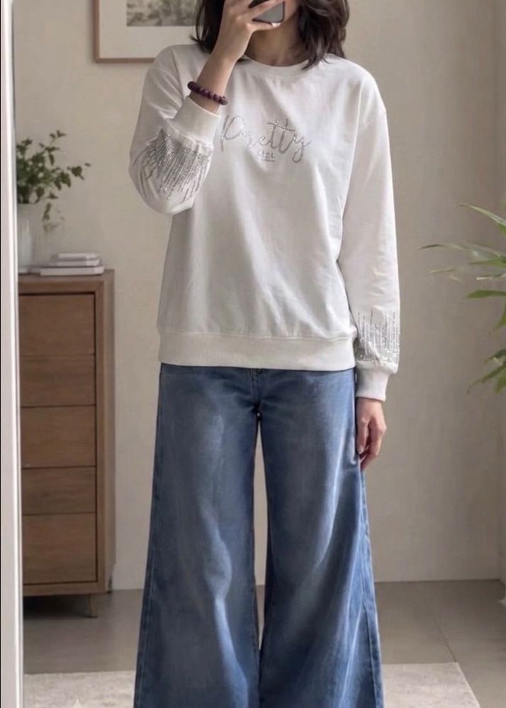 White Sequin Sleeve Sweatshirt