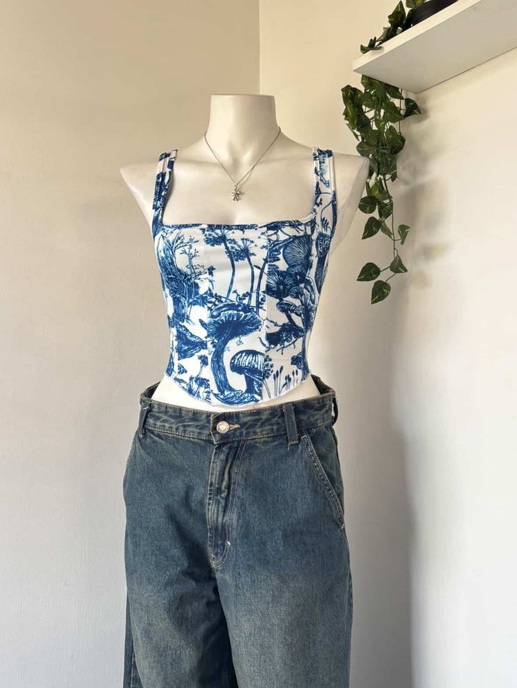 Blue &amp; White Mushroom Print Corset Top