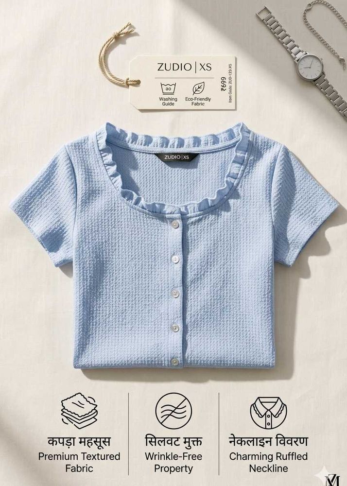 Zudio Blue Textured Ruffle Neck Top