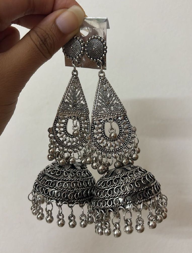 Oxidized Silver Jhumka Earrings
