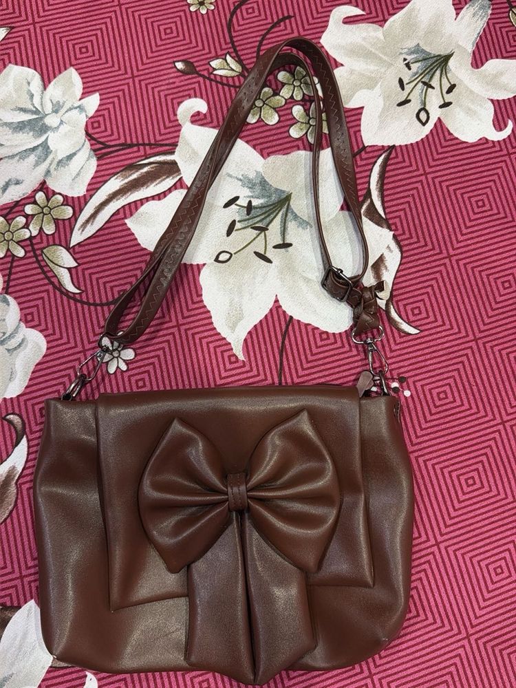 Brown Faux Leather Shoulder Bag with Bow