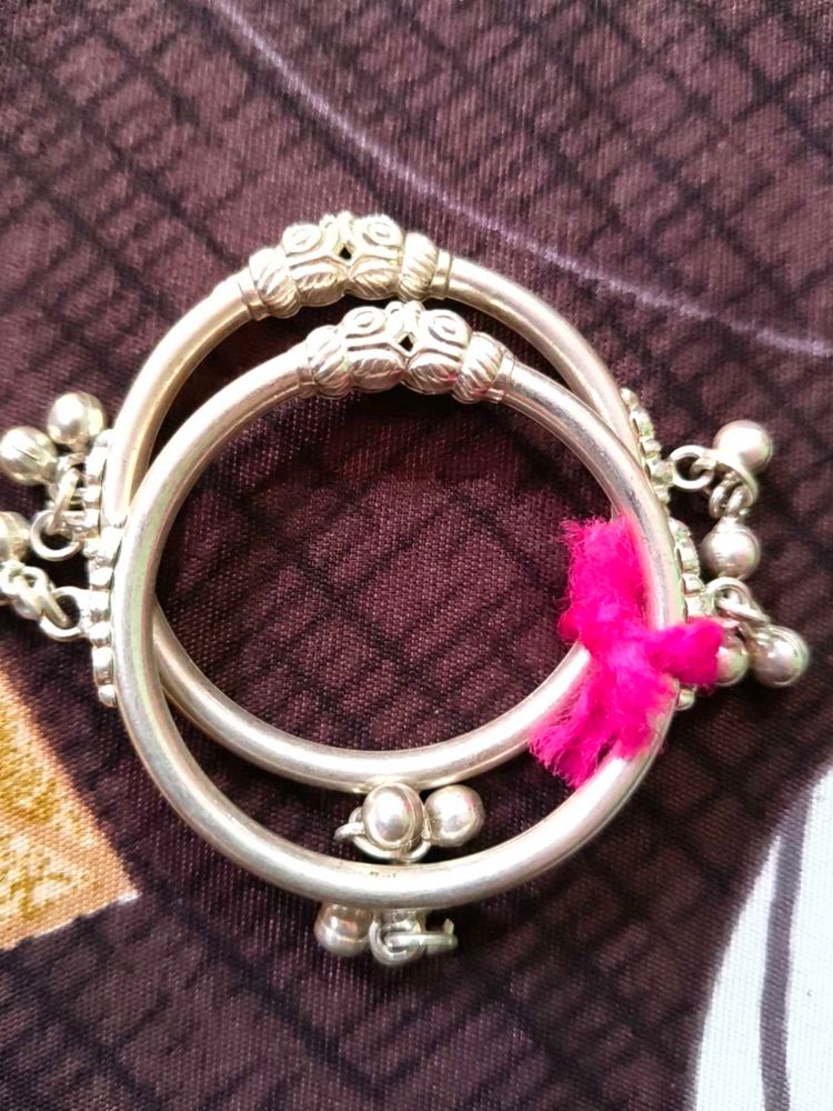pure Silver Baby kada pair with Bells