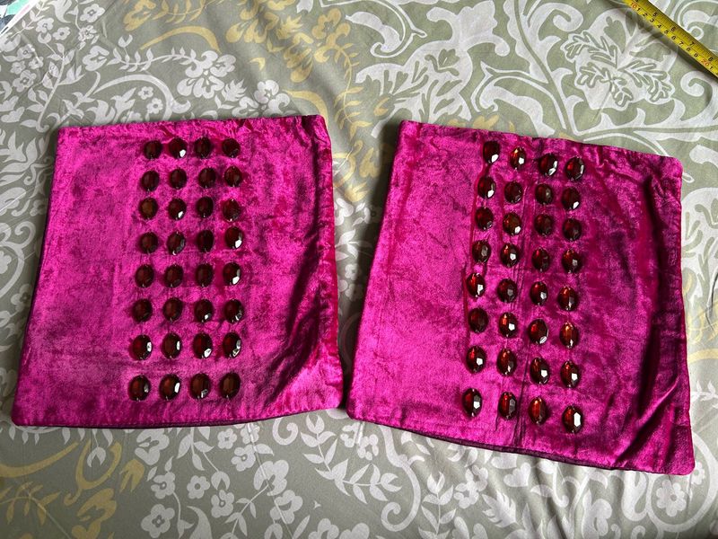 Hot Pink stoned Velvet Cushion Covers (Set of 2)
