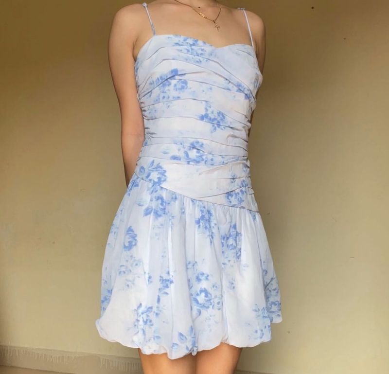 Blue Floral Ruched Mini Dress