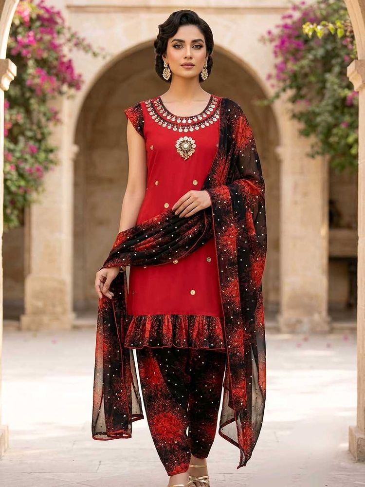 Stunning Red Embroidered  Suit Set without dupatta