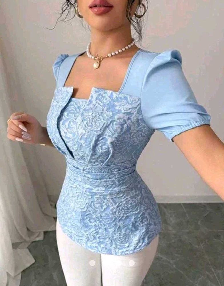 brand new(savana)patchwork blue Puff Sleeve Top