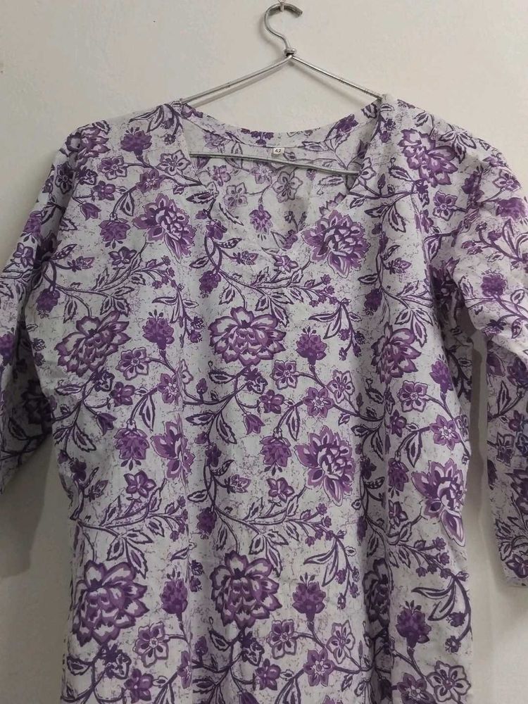 Purple Floral Print Cotton Kurta
