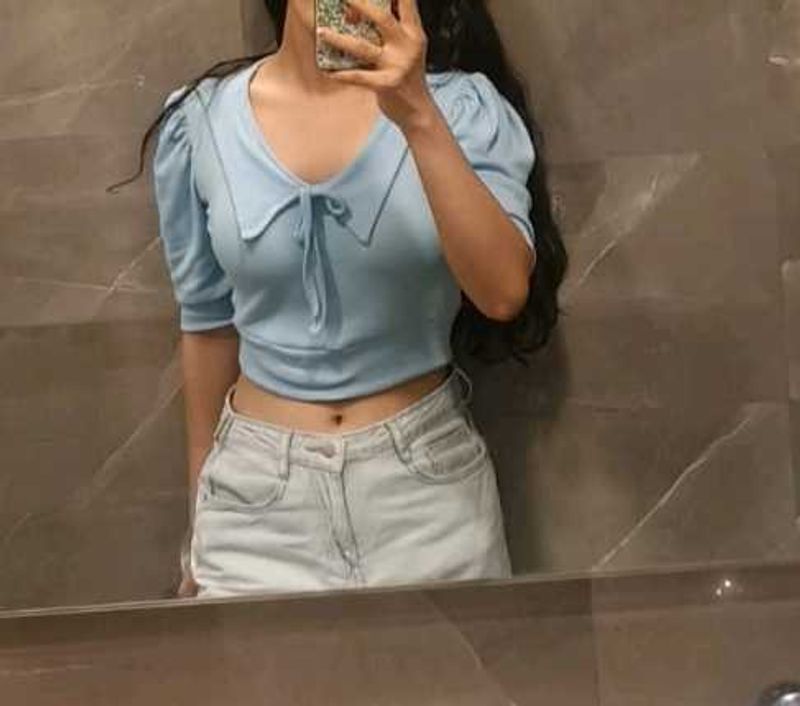 Light Blue Tie-Front Cropped Sweater