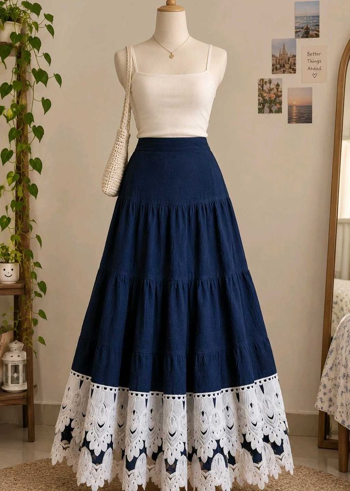 Elegant Navy Blue Skirt with White Lace Trim
