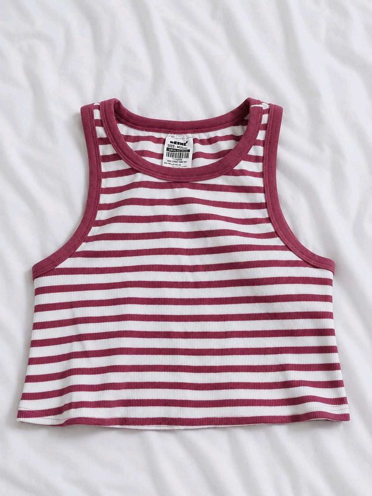 Pink &amp; White Striped Ribbed Crop Tank Top for Wome