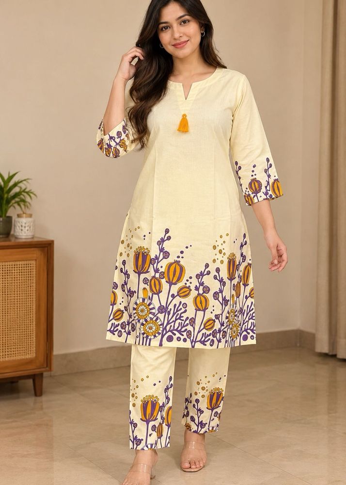 Cream Floral Print Kurta