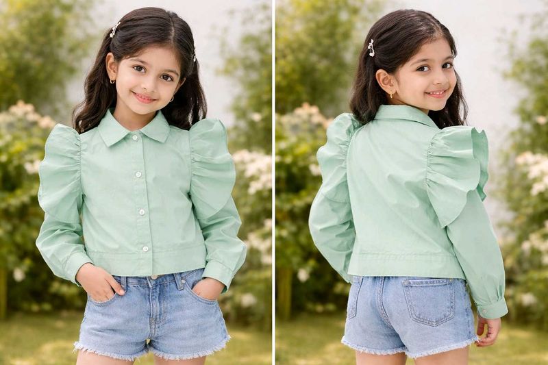 Cute Girl's Mint Green Puff Sleeve Shirt