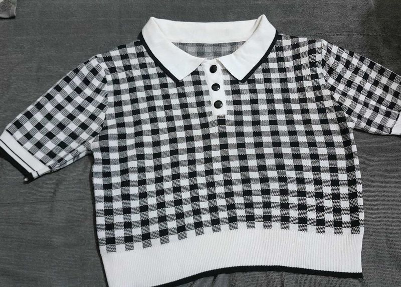 Gingham Knit Polo Top