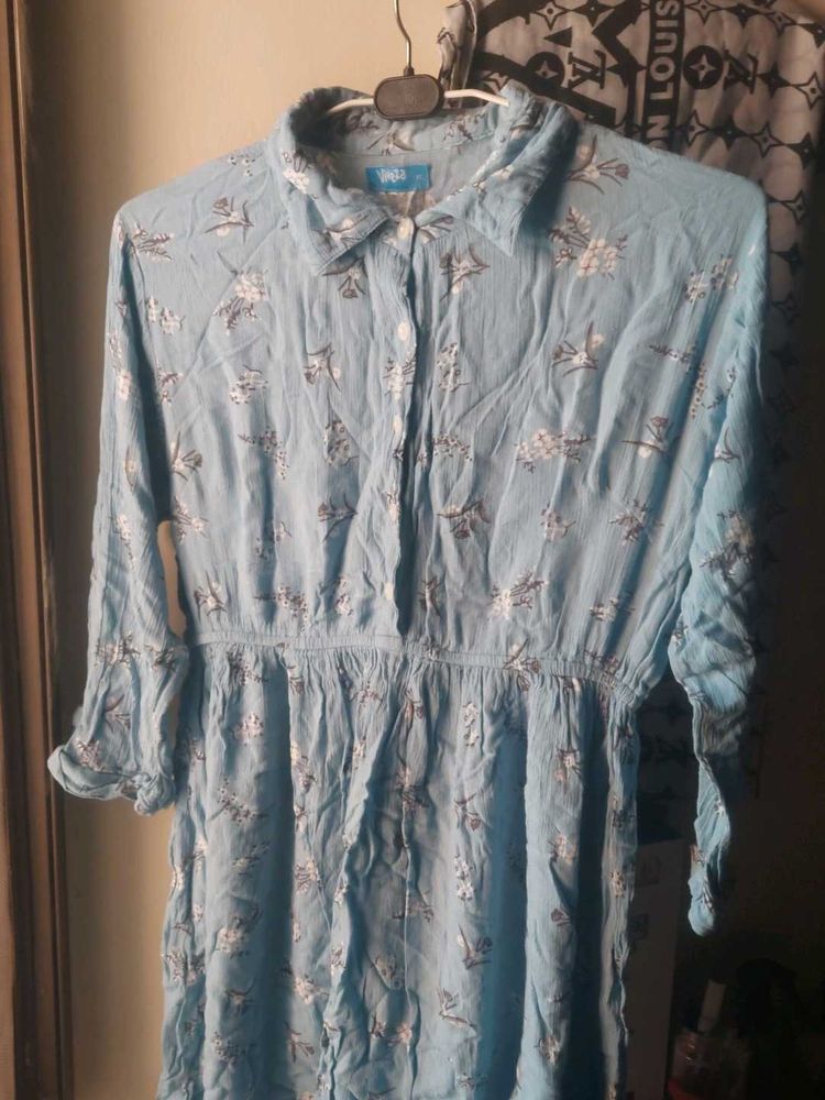 korean Blue Floral Print Shirt Dress
