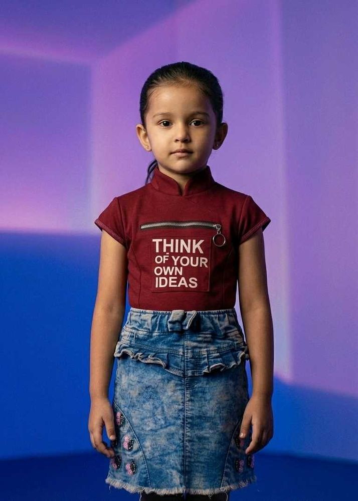 Girls Maroon Graphic Print Top &amp; Denim Skirt Set