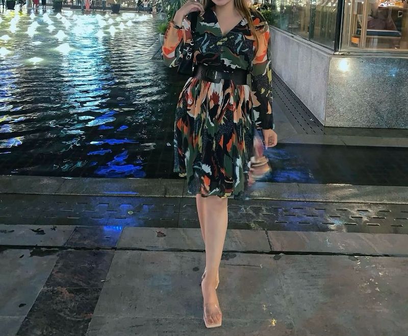 Vibrant Print Midi Dress with Belt