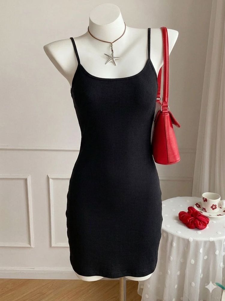 Classic Little Black Ribbed Slip Dress