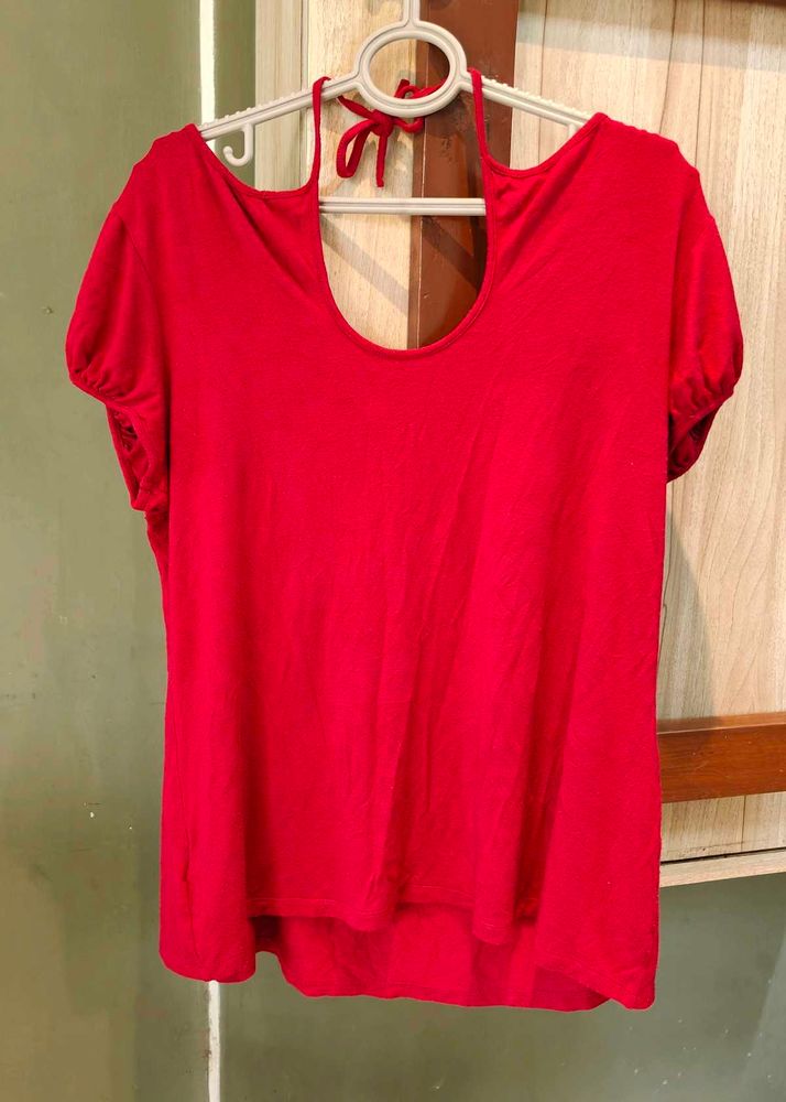 Stylish Red Open Back Tie T-Shirt