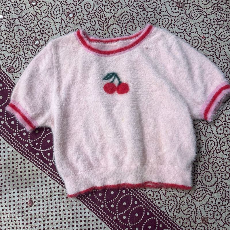 Fuzzy Cherry Sweater Top