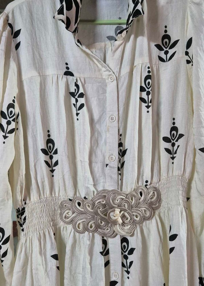White Kurta with Black Floral Print