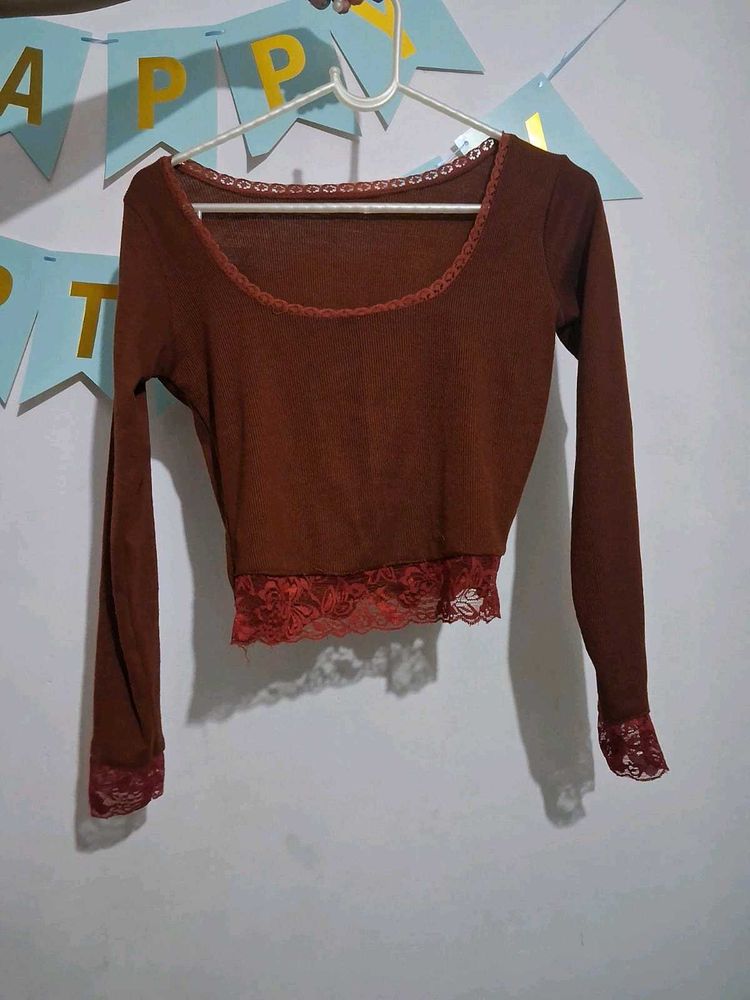 Brown Lace Trim Long Sleeve Top