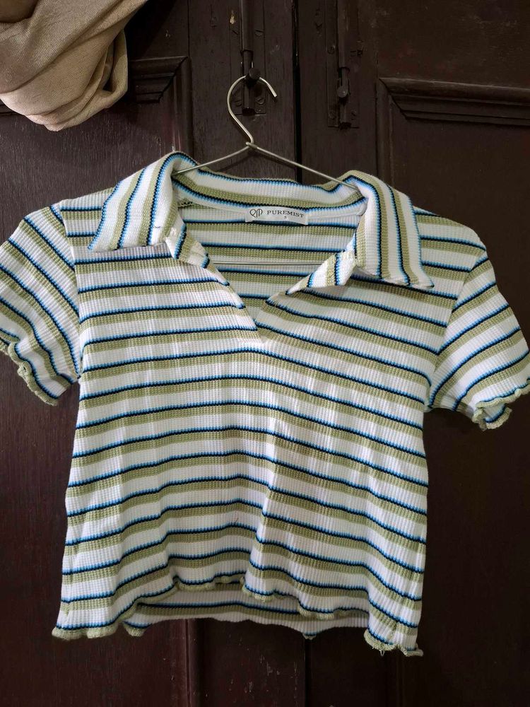 Striped Polo Neck Cropped Top