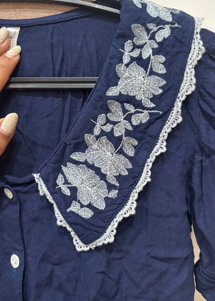 Embroidered Peter Pan Collar Navy Top