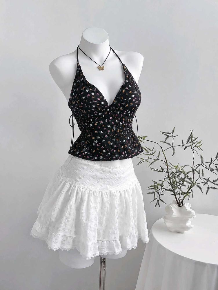 y2k Floral Print Halter Neck Top