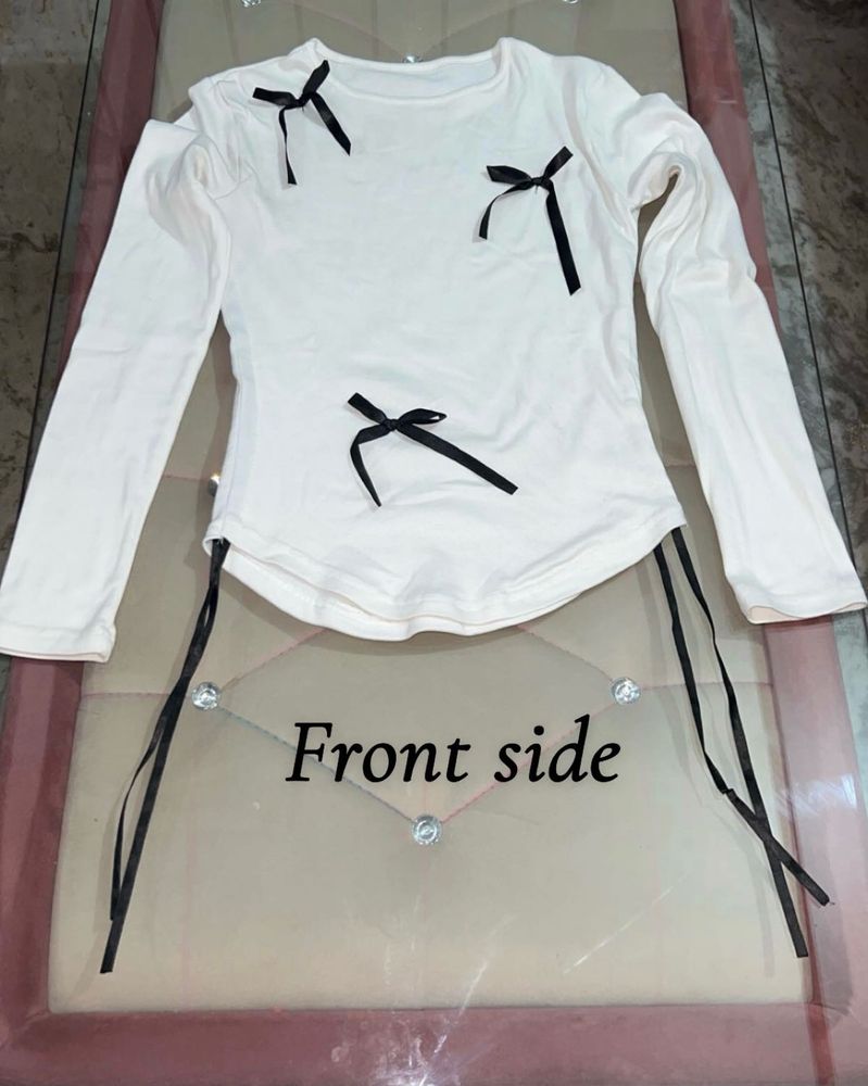 Cute Cream Long Sleeve Top with Bows