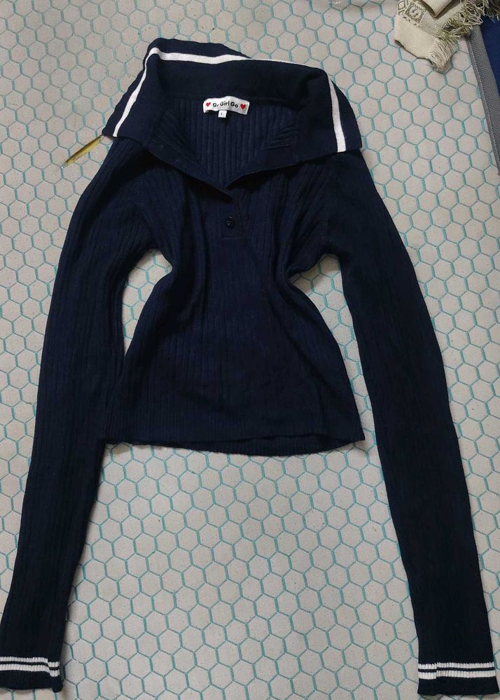 Navy Blue Ribbed Long Sleeve Top