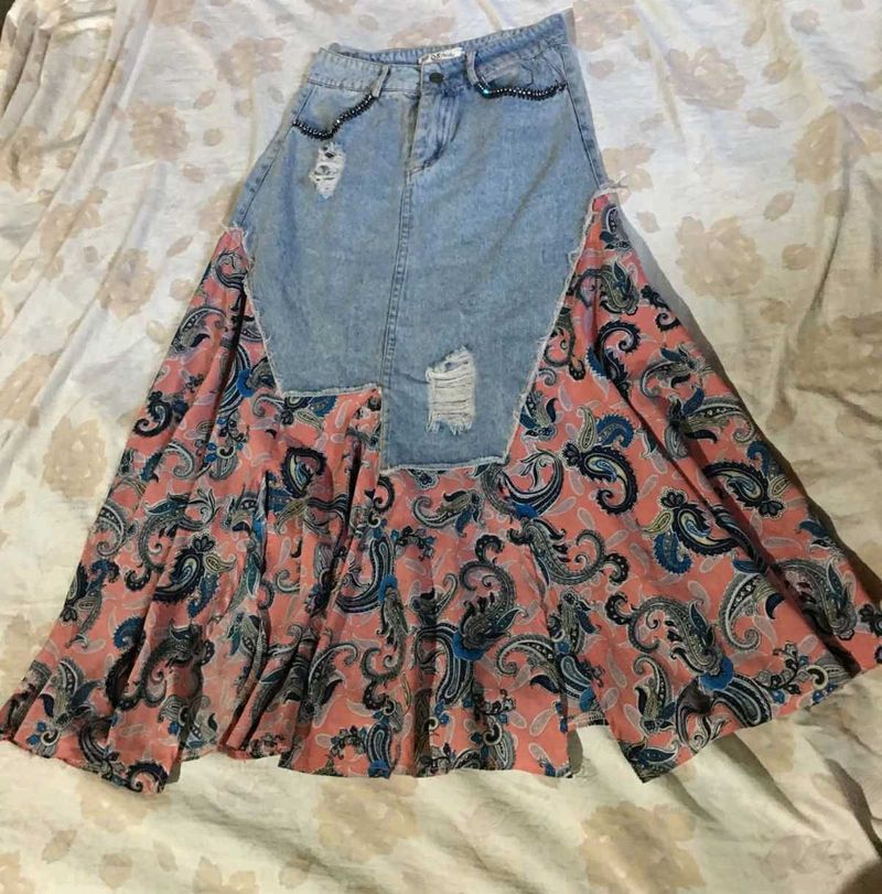 Boho Patchwork Denim Maxi Skirt