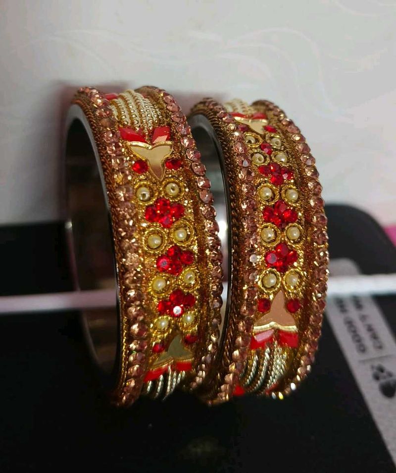 Exquisite Red &amp; Gold Embellished Bangles