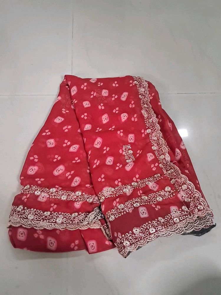 Red Saree with White Bandhani Print