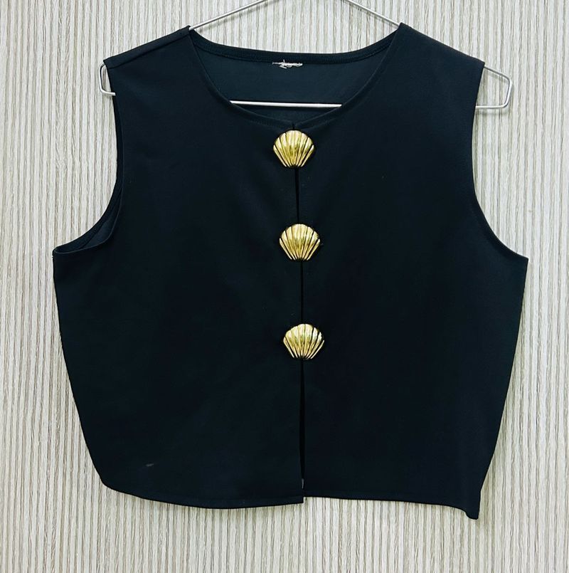 Chic Black Sleeveless Top with Gold Buttons