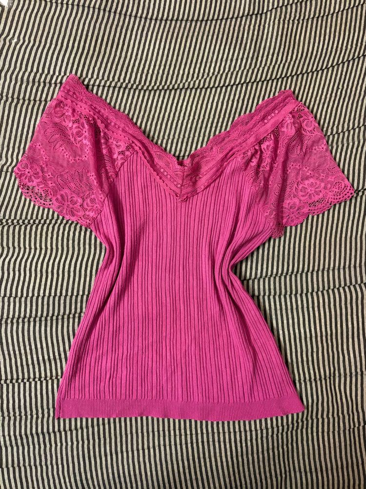 Fuchsia Lace Trim Ribbed Top