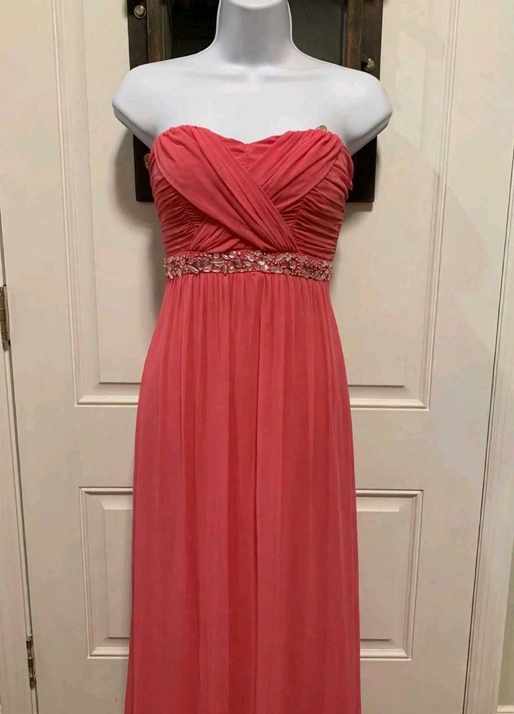 Strapless Coral Beaded Maxi Dress